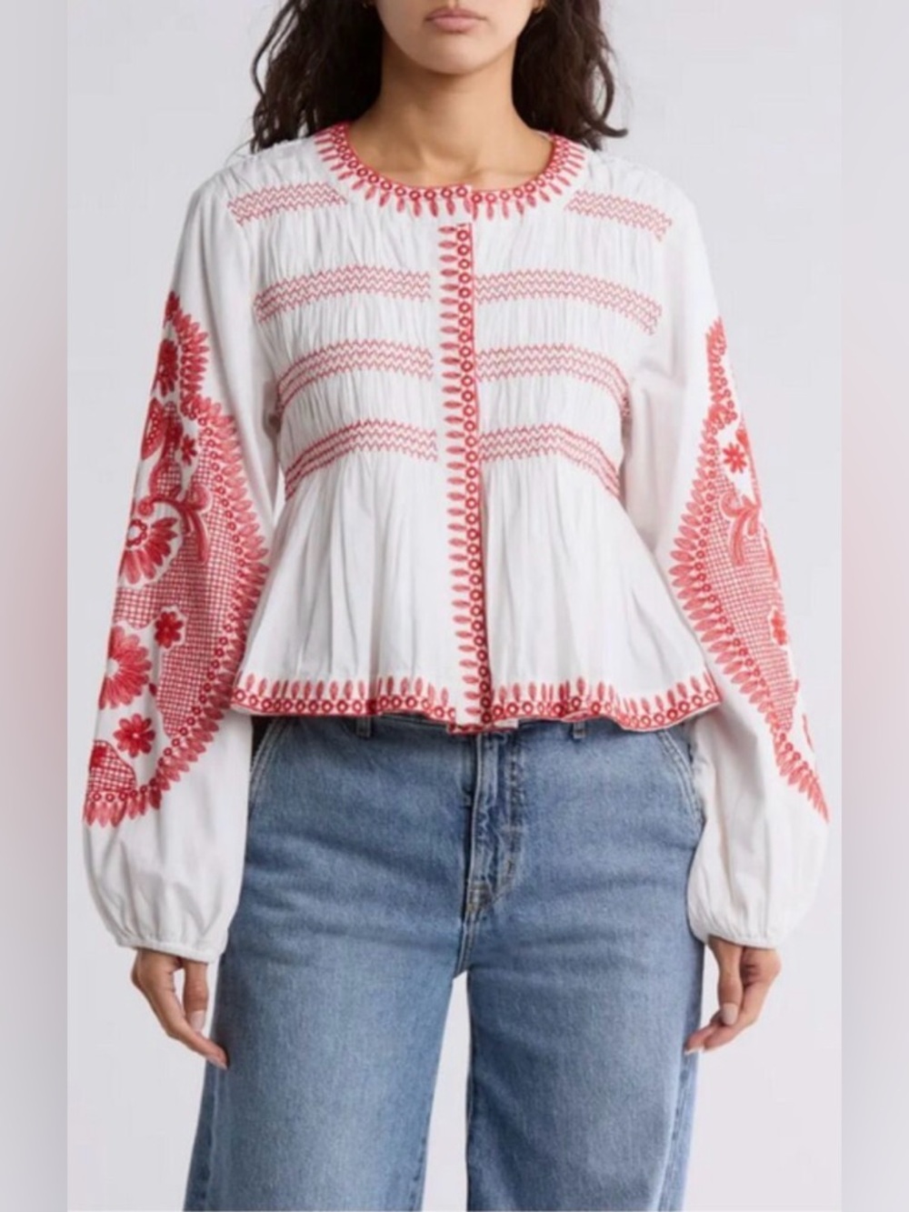 7 For All Mankind-White-Red-Embroidered-Blouse-Cottage Core-Bohemian-s
